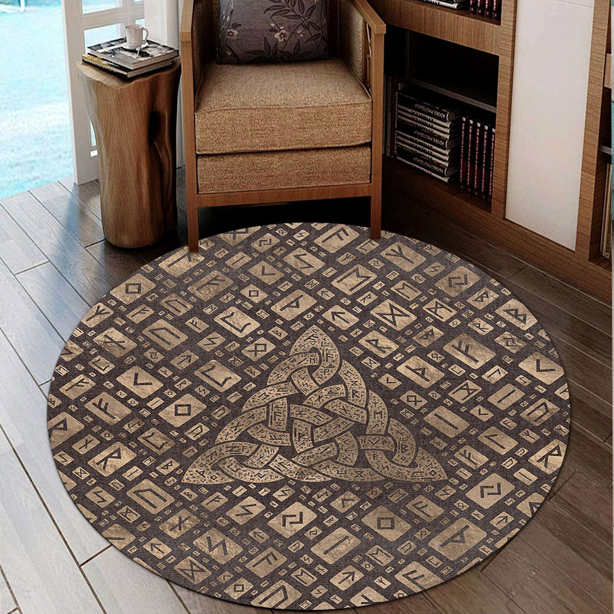 viking-round-carpet-triquetra-and-runic-alphabet-wood-and-gold-round-carpet