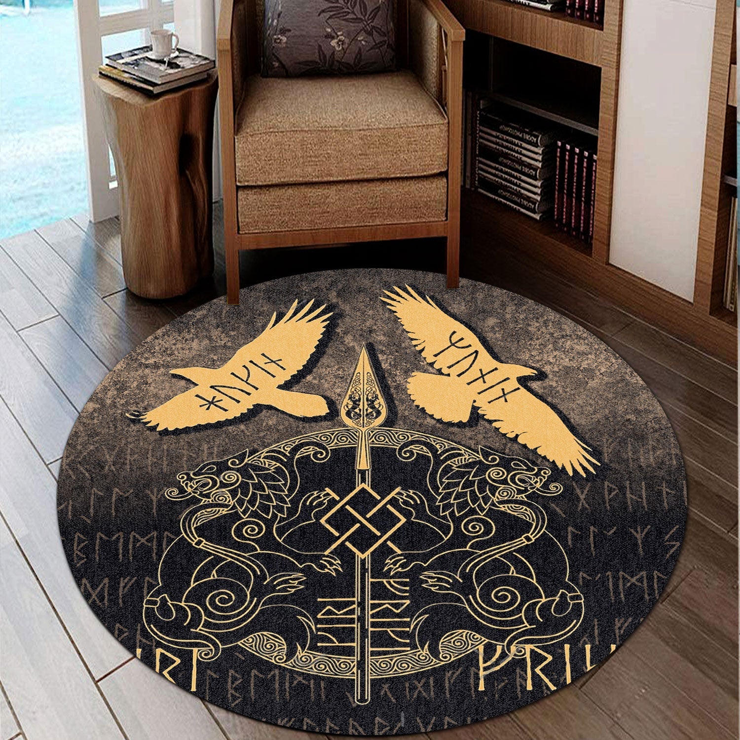 wonder-print-round-carpet-norse-mythology-spear-of-odin-gungnir-runes-geri-freki-huginn-muninn-round-carpet