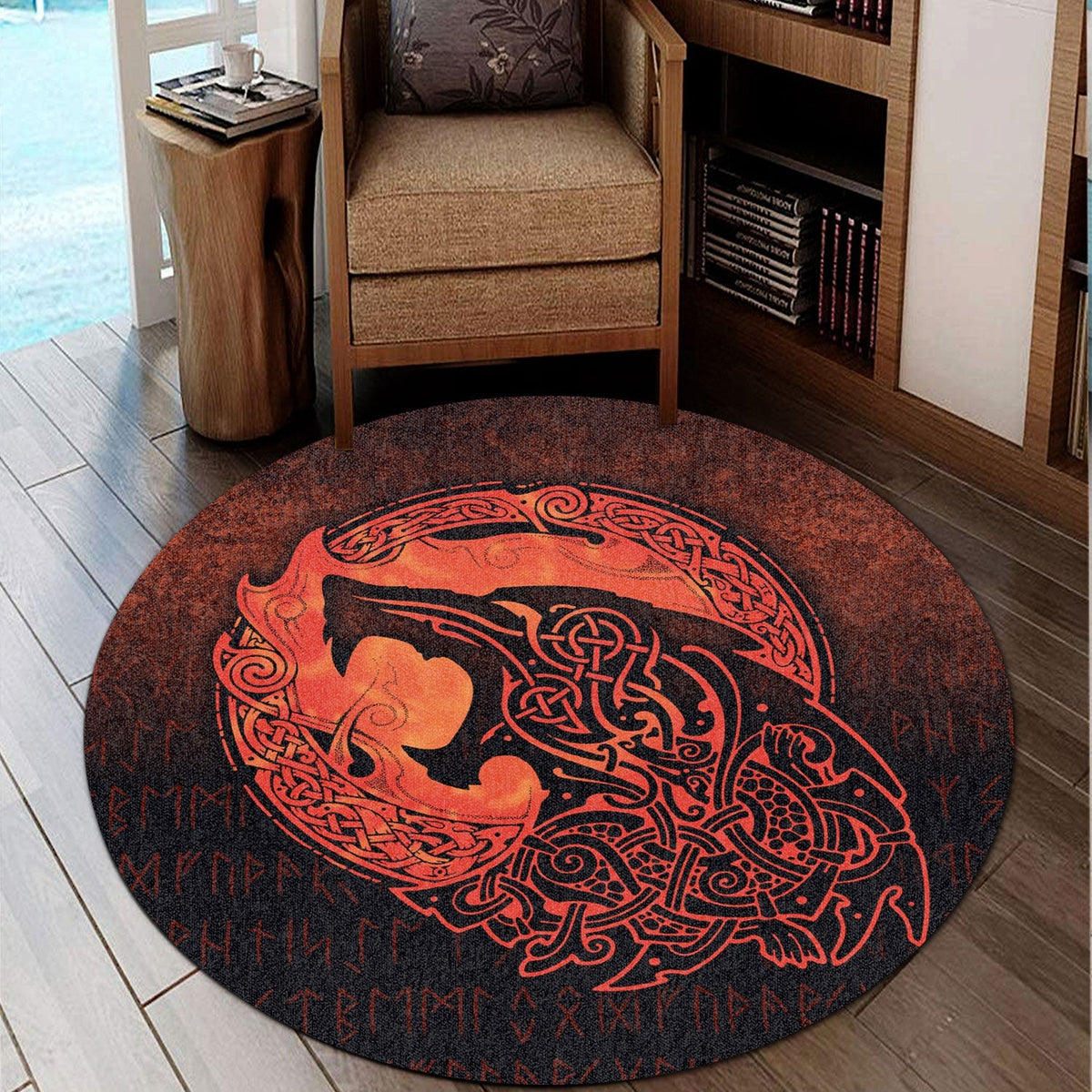 viking-round-carpet-fenrir-viking-3d-tattoo-orange-version-round-carpet