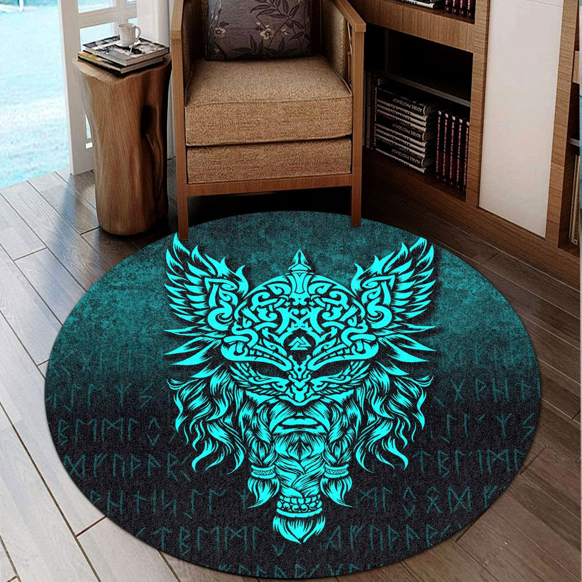 viking-round-carpet-odin-the-allfather-asgard-god-and-chief-of-aesir-cyan-version-round-carpet
