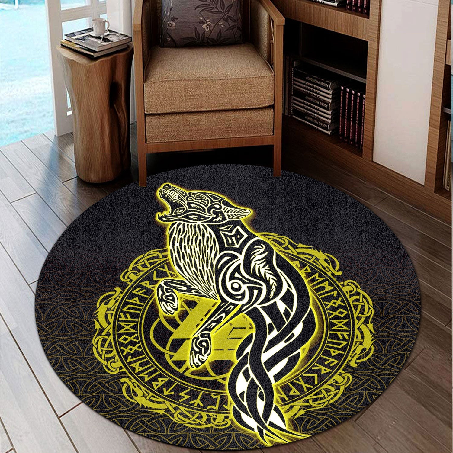 wonder-print-round-carpet-wolf-viking-gold-round-carpet