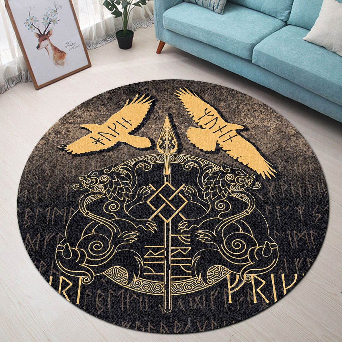 wonder-print-round-carpet-norse-mythology-spear-of-odin-gungnir-runes-geri-freki-huginn-muninn-round-carpet