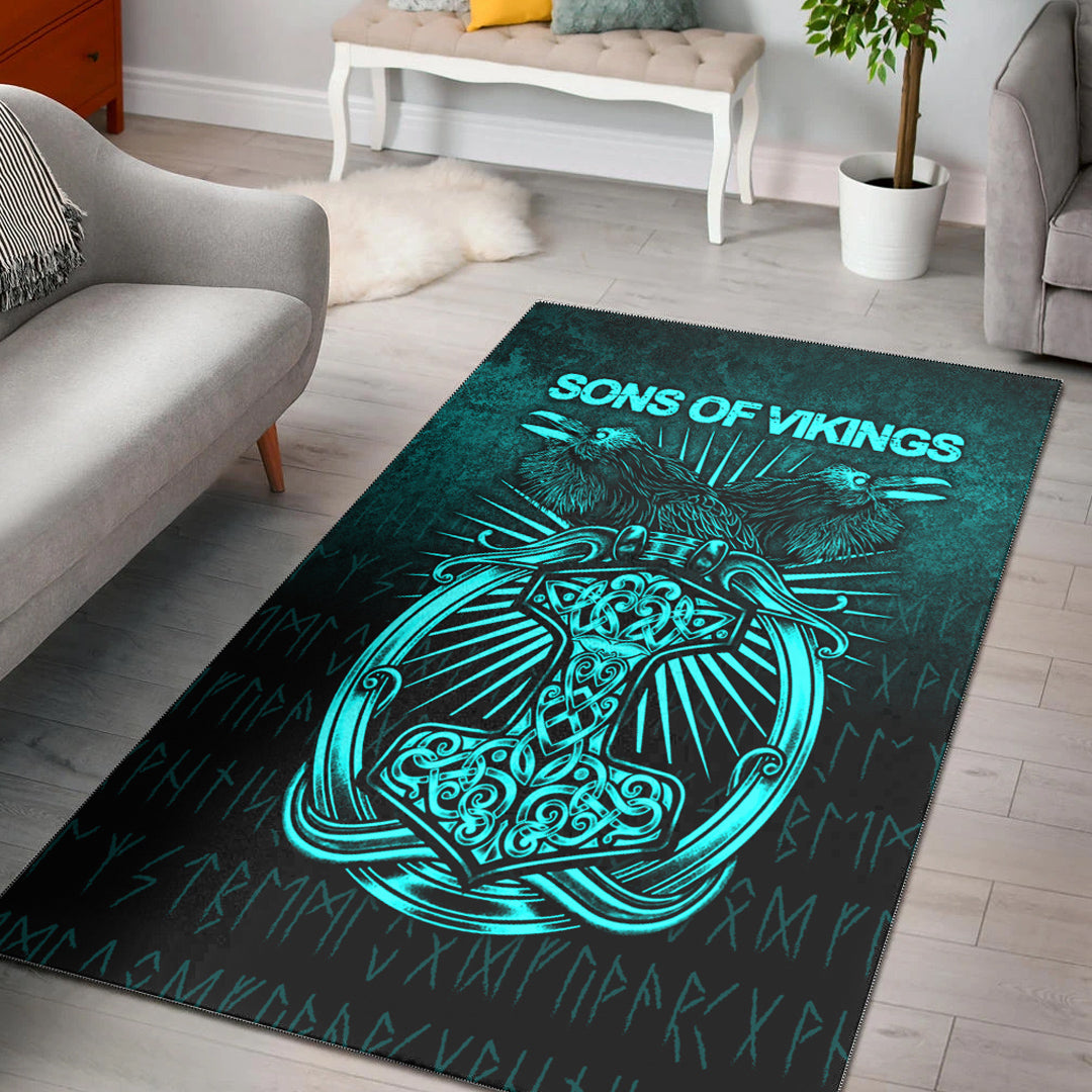 Viking Area Rug Vikings Ravens Mjolnir Cyan Version Area Rug RLT12 - Wonder Print Shop