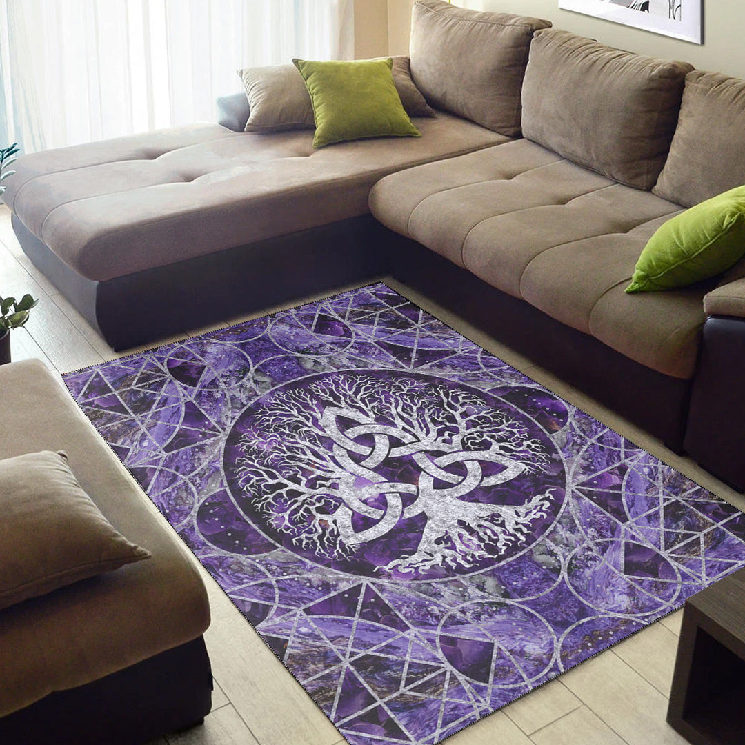 Viking Area Rug Tree Of Life with Triquetra Amethyst and Silver Area Rug RLT12 - Wonder Print Shop