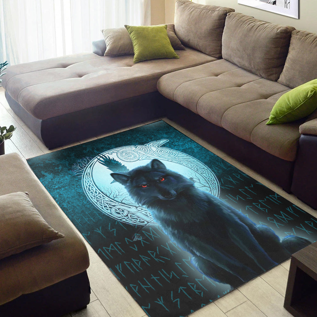 Viking Area Rug Fenrir Viking Wolf Cyan Version Area Rug RLT12 - Wonder Print Shop