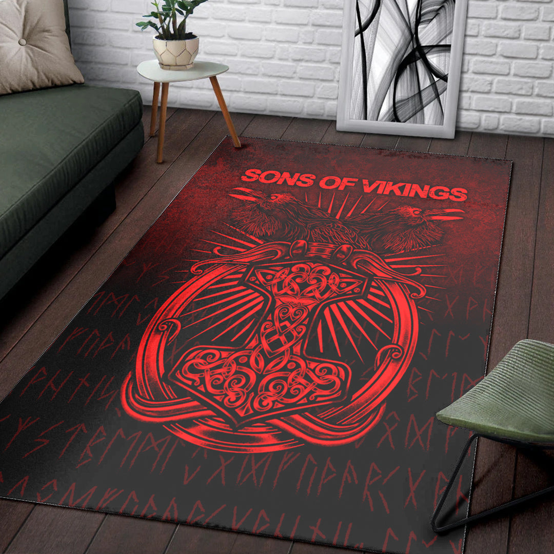Viking Area Rug Vikings Ravens Mjolnir Red Version Area Rug RLT12 - Wonder Print Shop
