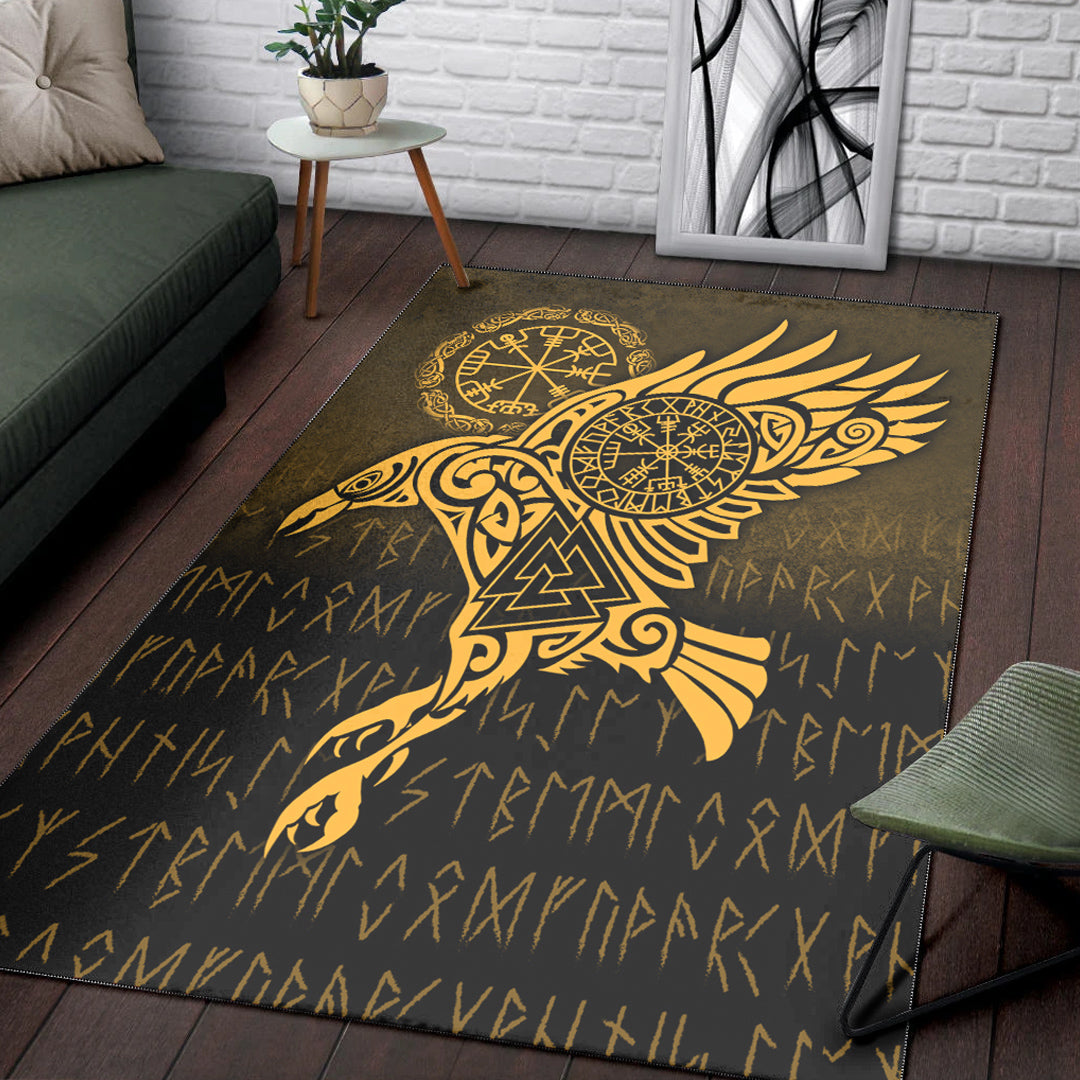 Viking Area Rug Raven Vegvisir Tattoo Gold Version Area Rug RLT12 - Wonder Print Shop