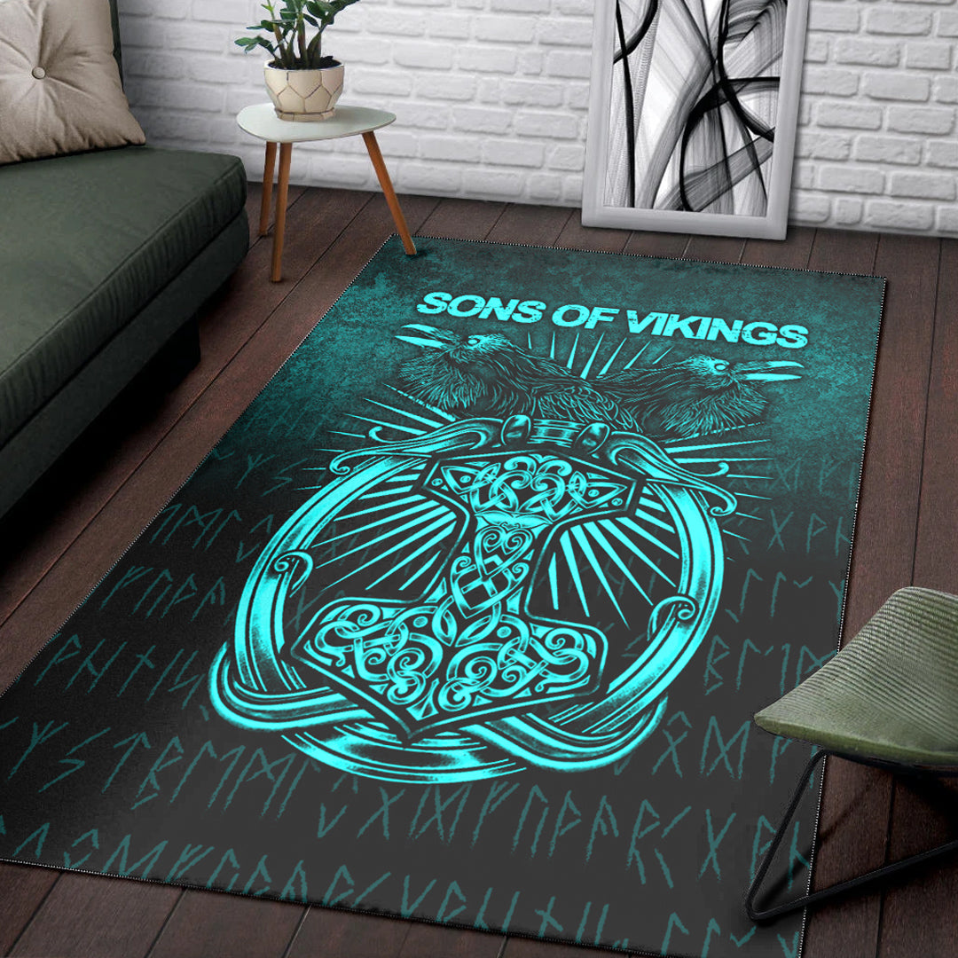 Viking Area Rug Vikings Ravens Mjolnir Cyan Version Area Rug RLT12 - Wonder Print Shop