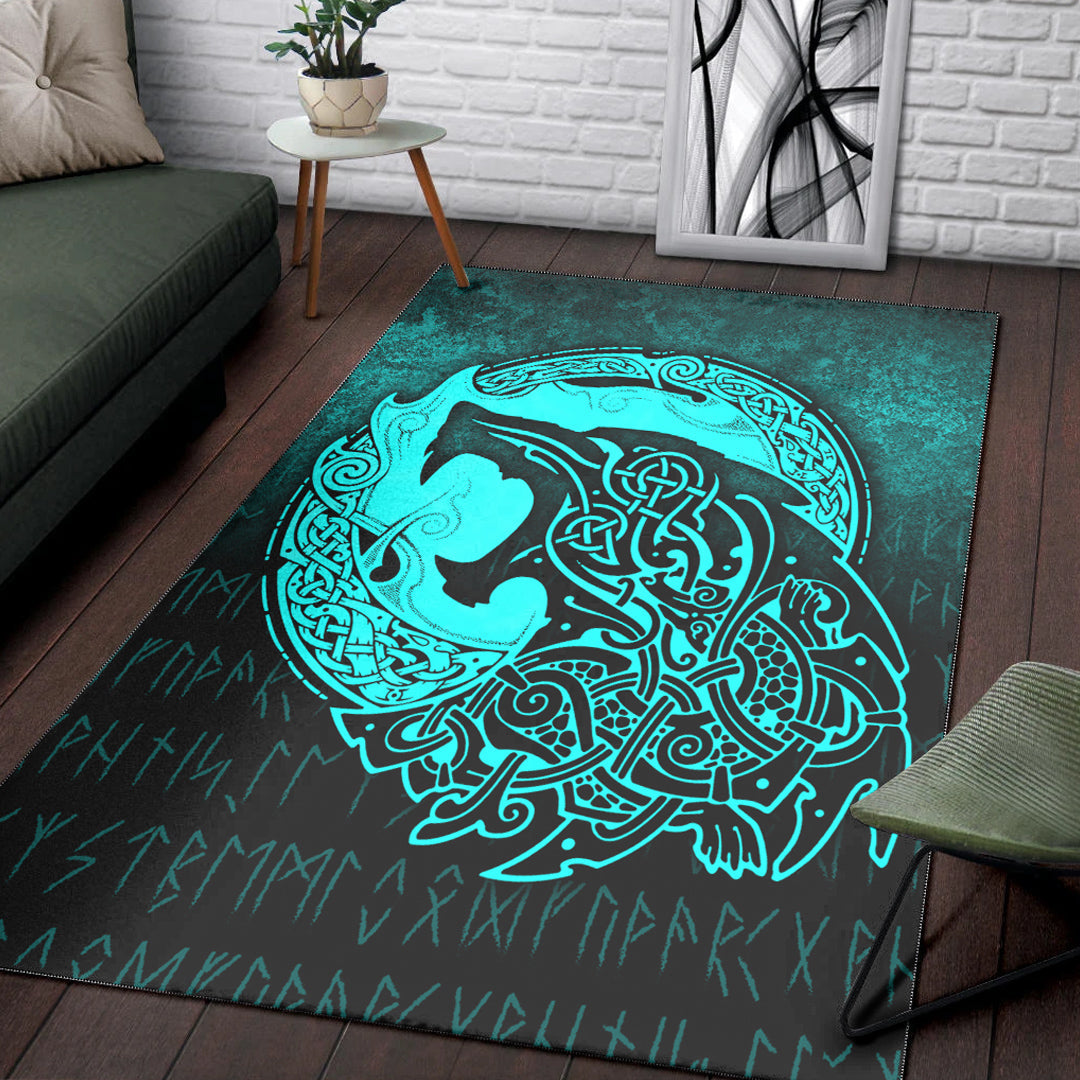 Viking Area Rug Fenrir Viking 3D Tattoo Cyan Version Area Rug RLT12 - Wonder Print Shop