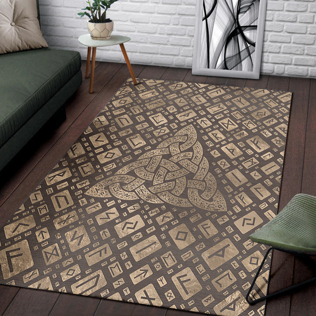 Viking Area Rug Triquetra and Runic Alphabet Wood and Gold Area Rug RLT12 - Wonder Print Shop