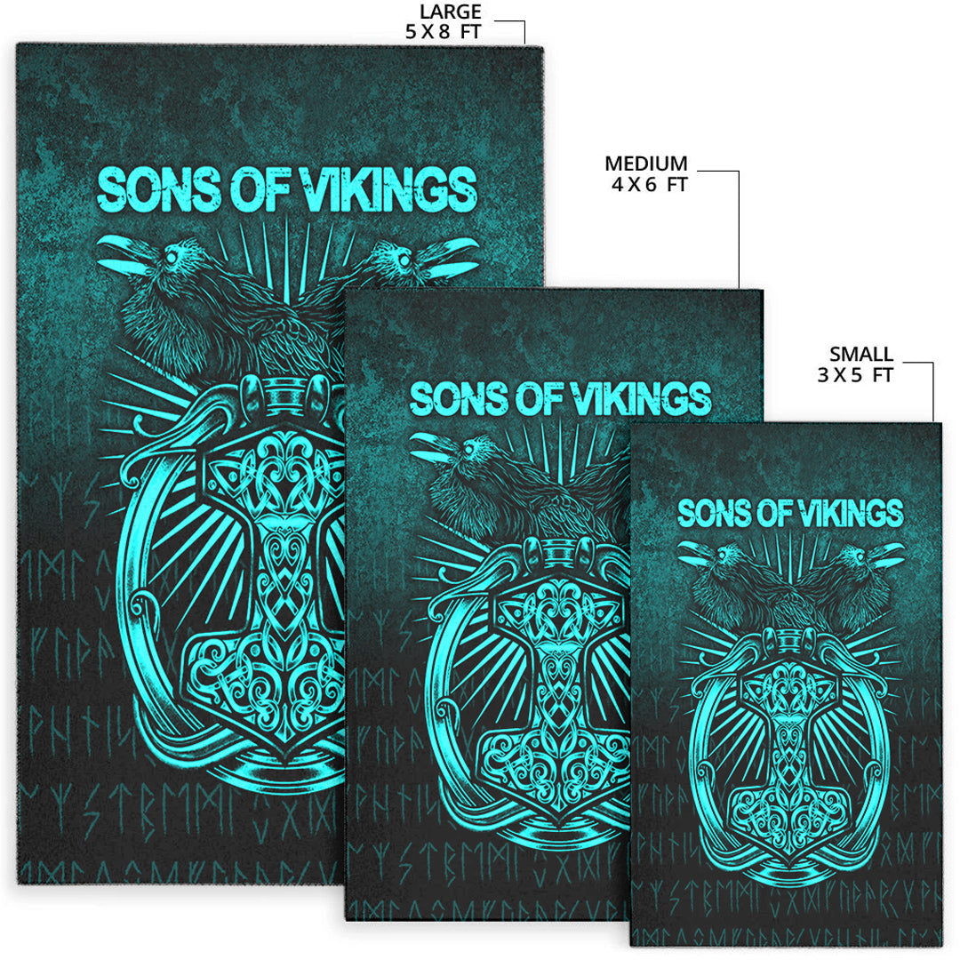 Viking Area Rug Vikings Ravens Mjolnir Cyan Version Area Rug RLT12 - Wonder Print Shop