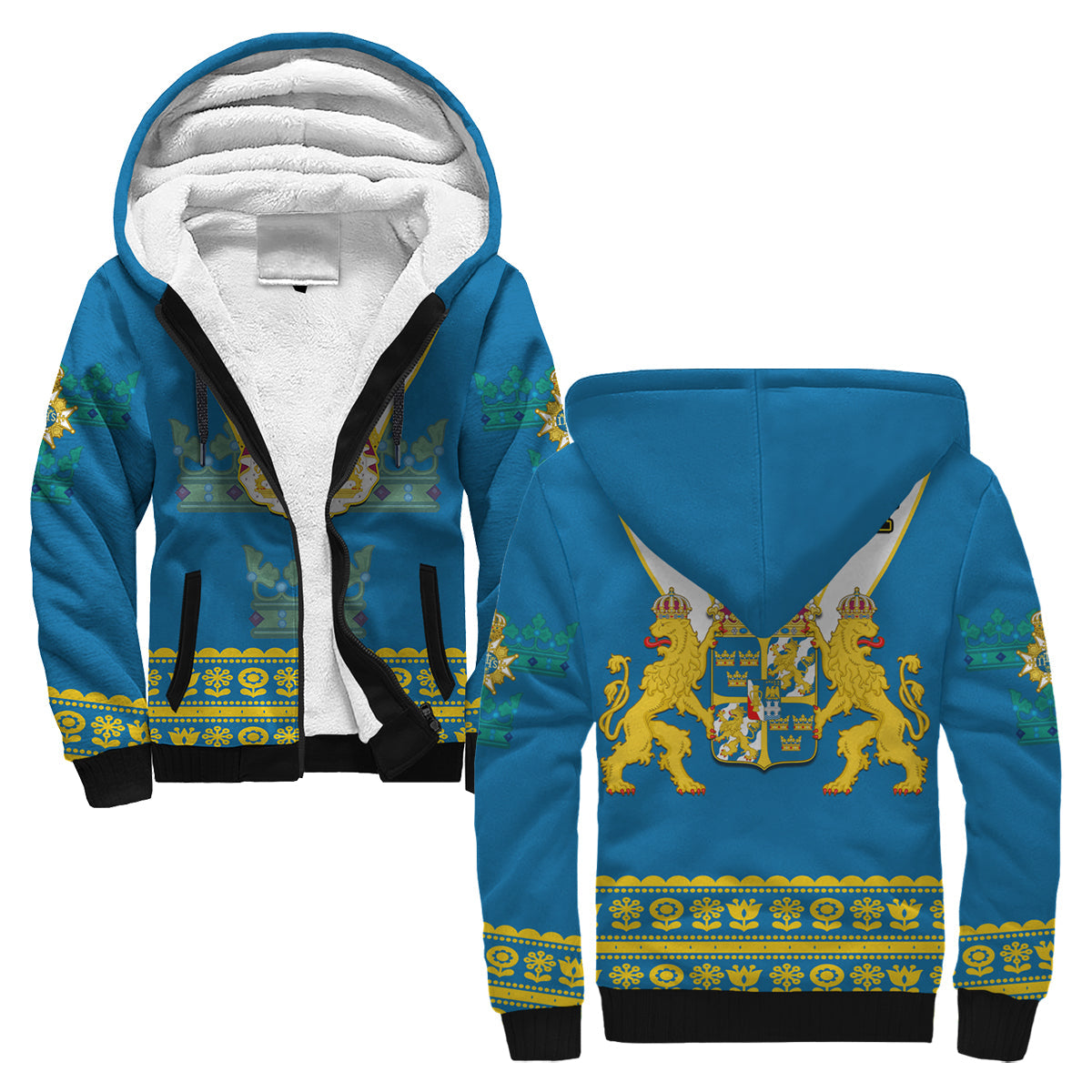 custom-personalised-sweden-sherpa-hoodie-swedish-coat-of-arms-with-scandinavian-flowers
