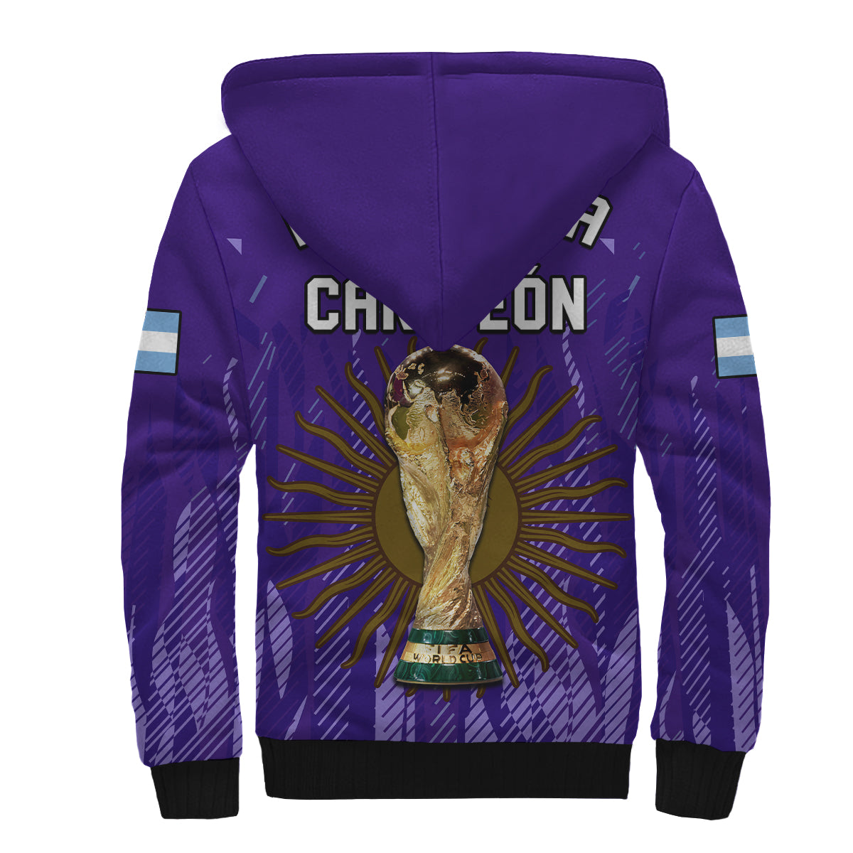 Purple sherpa hoodie back with large eagle graphic, champion text, and striped sleeves.
