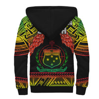 Black unisex rugby sherpa hoodie, back graphic crest with colorful tropical patterns
