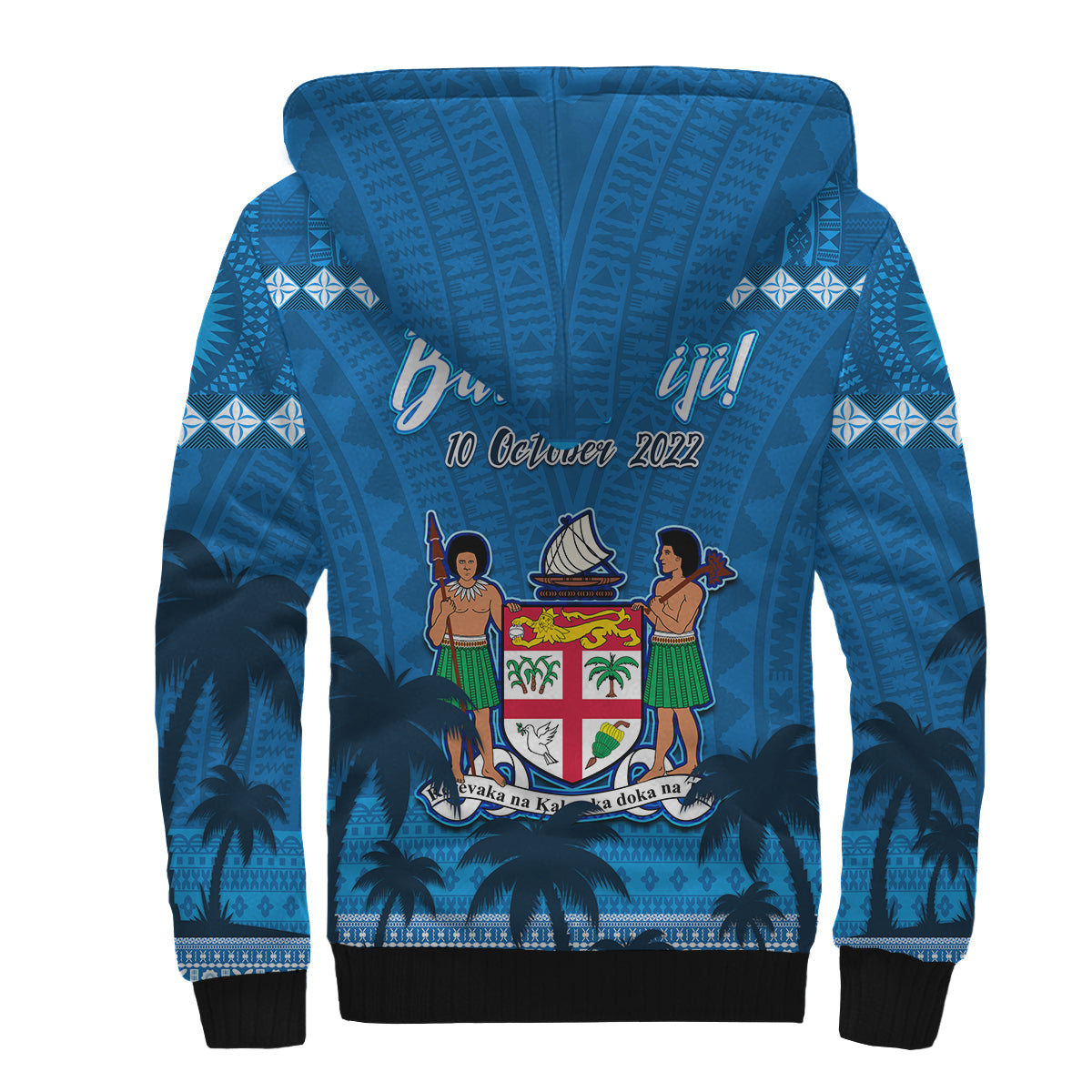 Bula Fiji Day Sherpa Hoodie Fijian Tapa with Palm Tree 52nd Anniversary LT13 - Wonder Print Shop