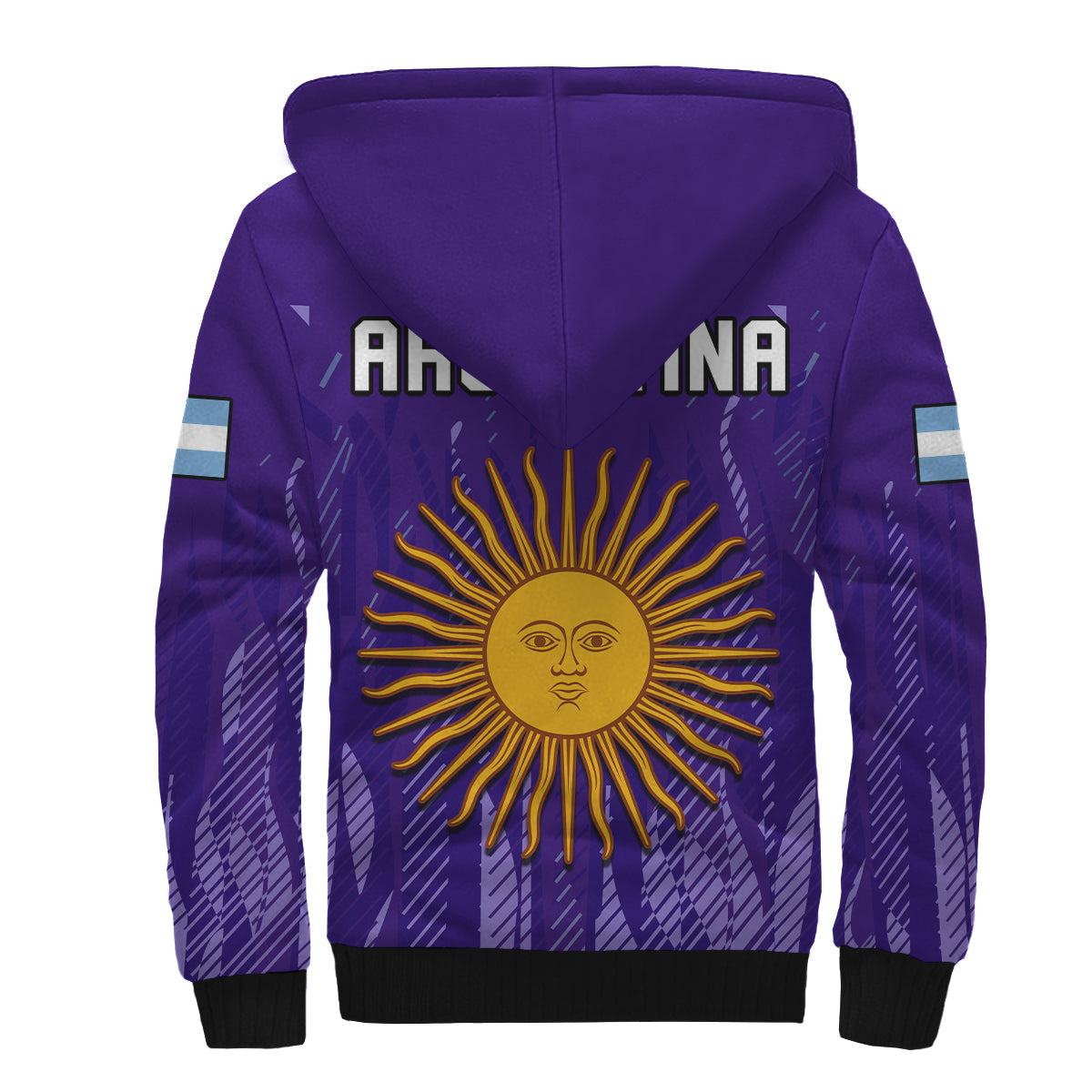 Purple sherpa hoodie back with large sun emblem, hood, and black ribbed hem
