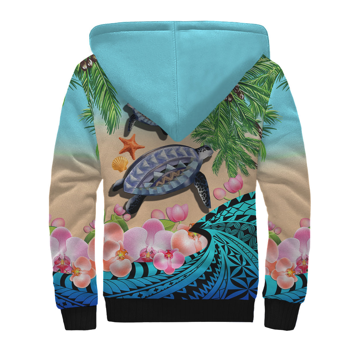 Blue sherpa hoodie back with turtle and palm tree floral print, kangaroo pocket
