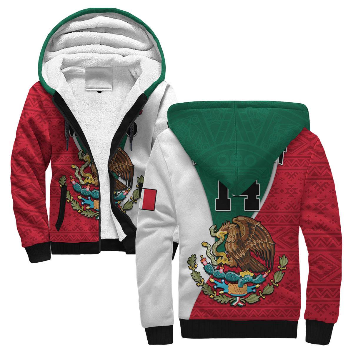 (Custom Text and Number) Mexico Sherpa Hoodie Mexican Aztec Pattern - Wonder Print Shop