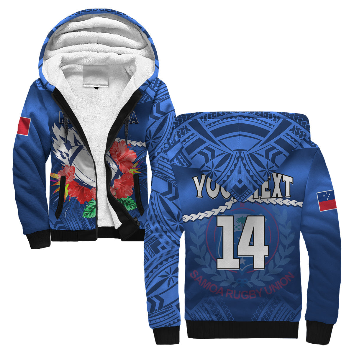 (Custom Text And Number) Samoa Rugby Sherpa Hoodie Manu Samoa Polynesian Hibiscus Blue Style - Wonder Print Shop