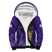 Purple zip sherpa hoodie with white-lined hood and black zipper, front face graphic.