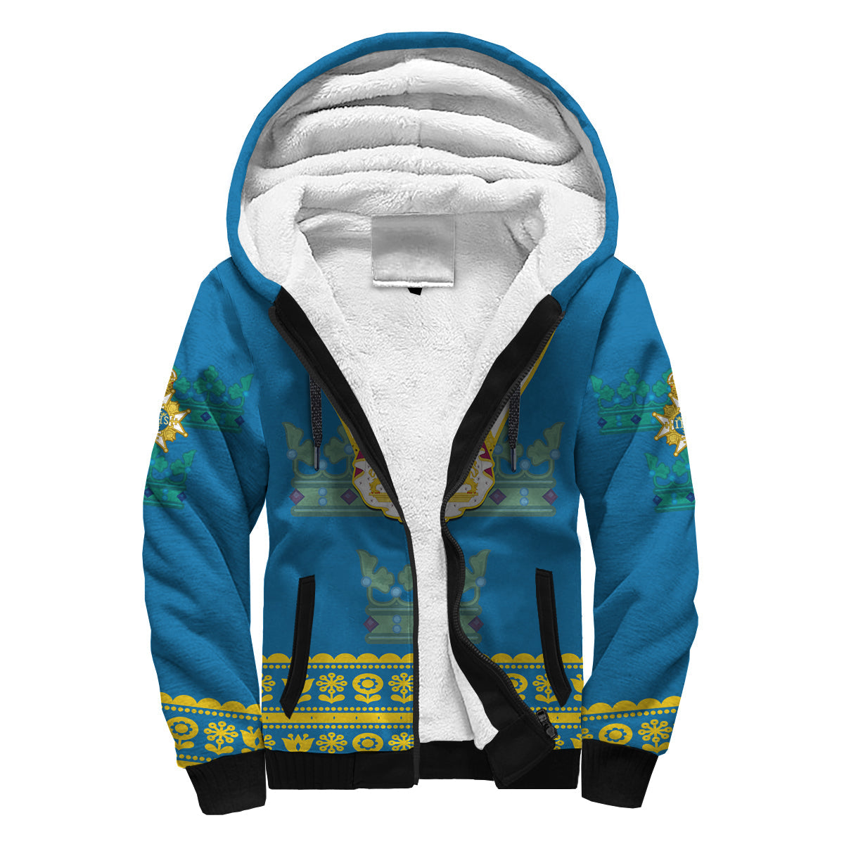 (Custom Personalised) Sweden Sherpa Hoodie Swedish Coat Of Arms With Scandinavian Flowers - Wonder Print Shop