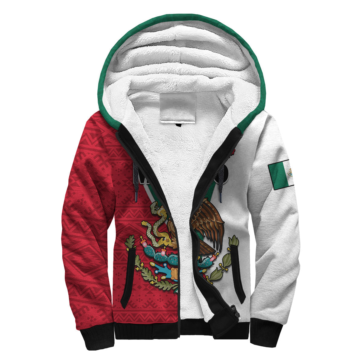 (Custom Text and Number) Mexico Sherpa Hoodie Mexican Aztec Pattern - Wonder Print Shop