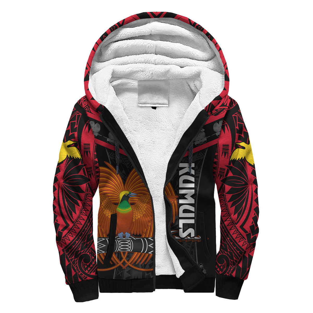Custom Text And Number Papua New Guinea Rugby Sherpa Hoodie PNG Kumuls Bird Of Paradise Black - Wonder Print Shop