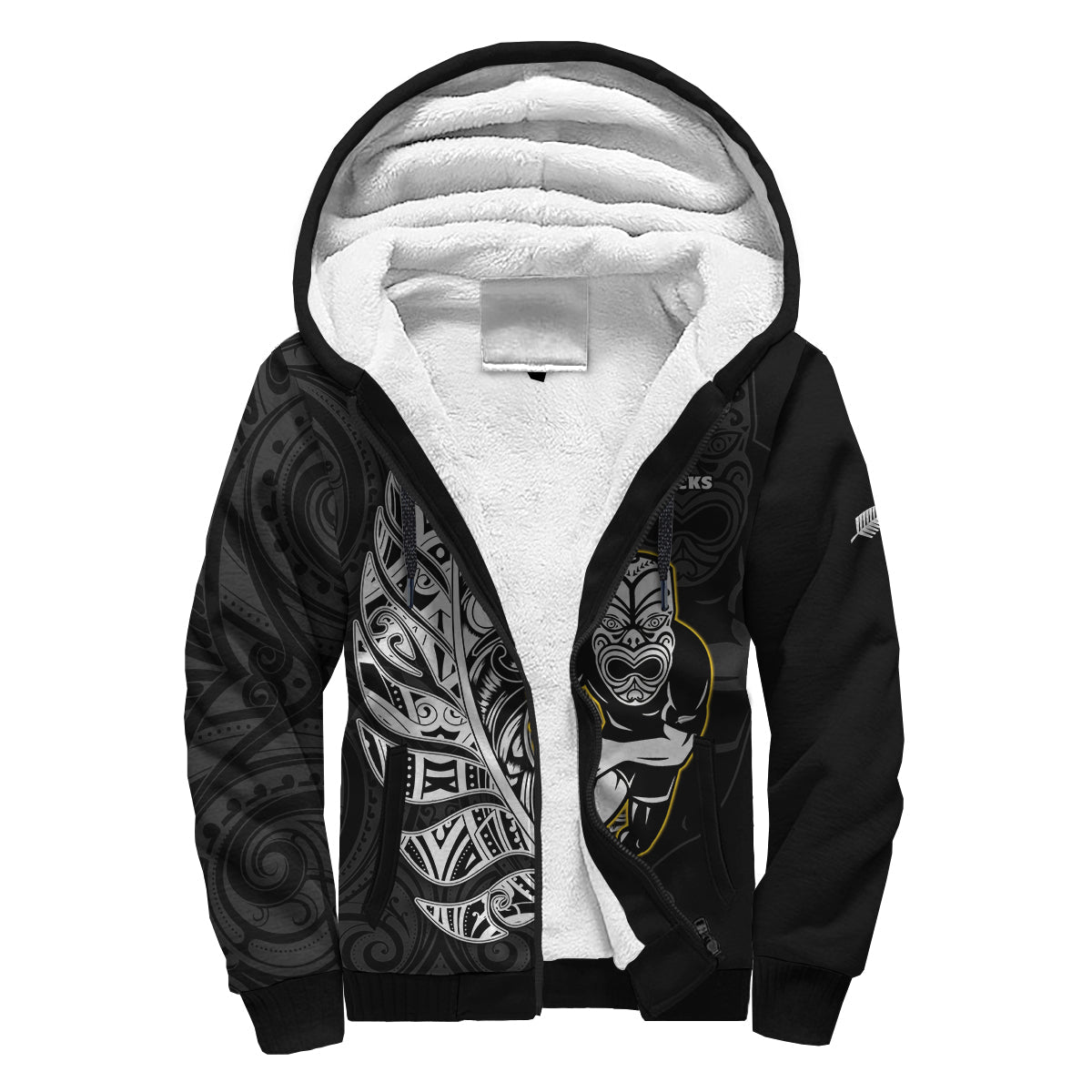 New Zealand 2022 Rugby Sherpa Hoodie All Black Silver Fern Maori Pattern Version Black - Wonder Print Shop