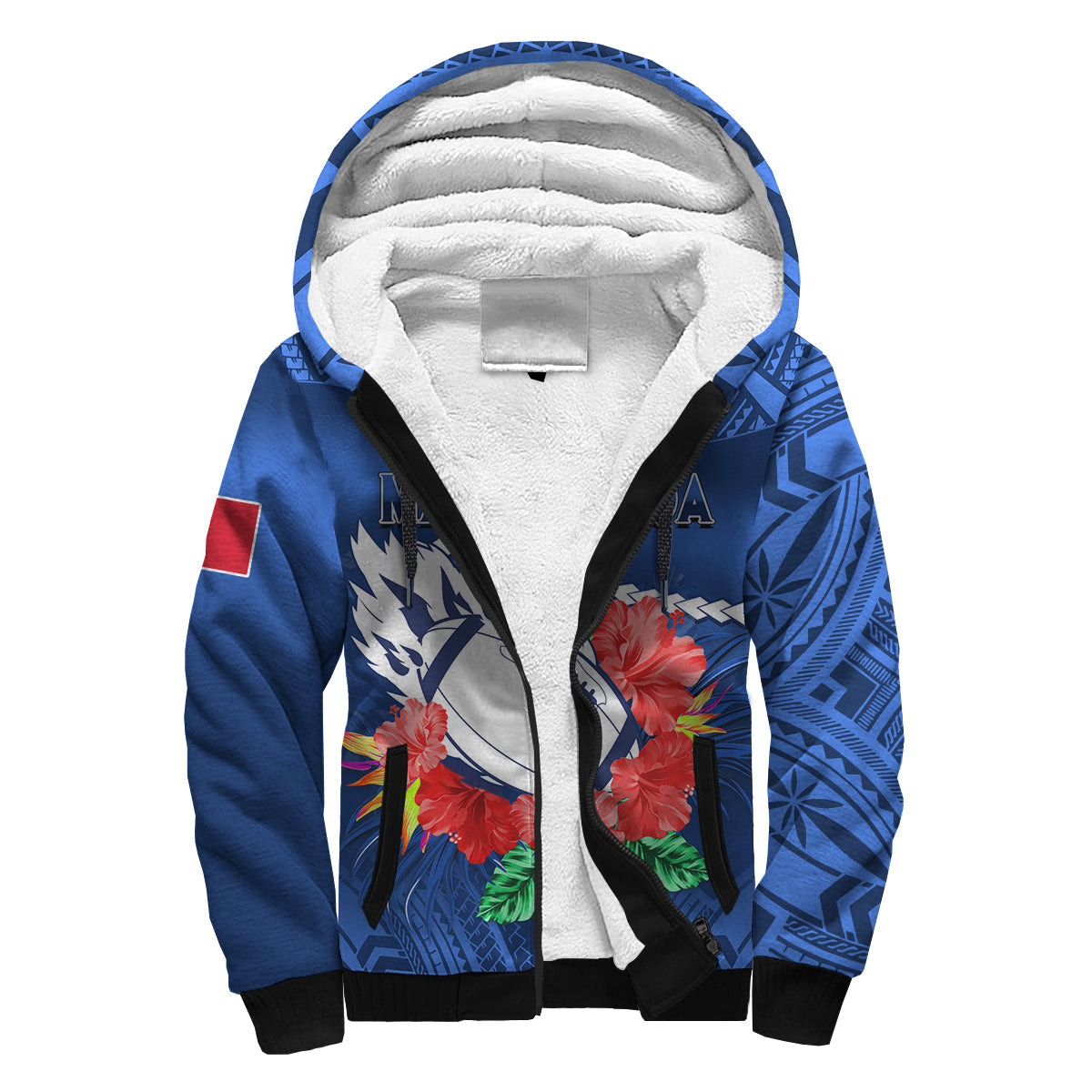 Samoa Rugby Sherpa Hoodie Manu Samoa Polynesian Hibiscus Blue Style - Wonder Print Shop