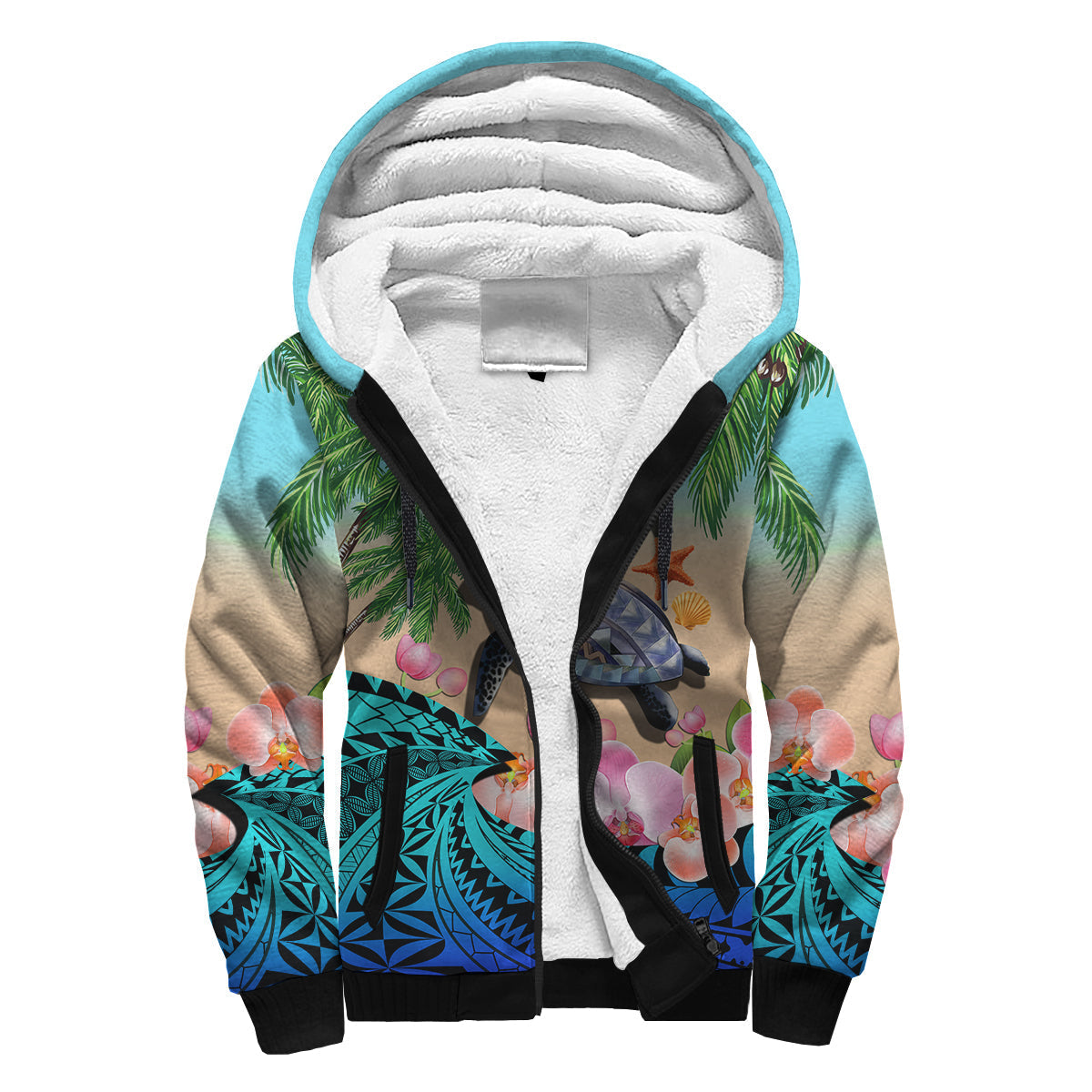 Custom Personalised Polynesian Turtle Coconut Tree And Orchids Sherpa Hoodie - Wonder Print Shop