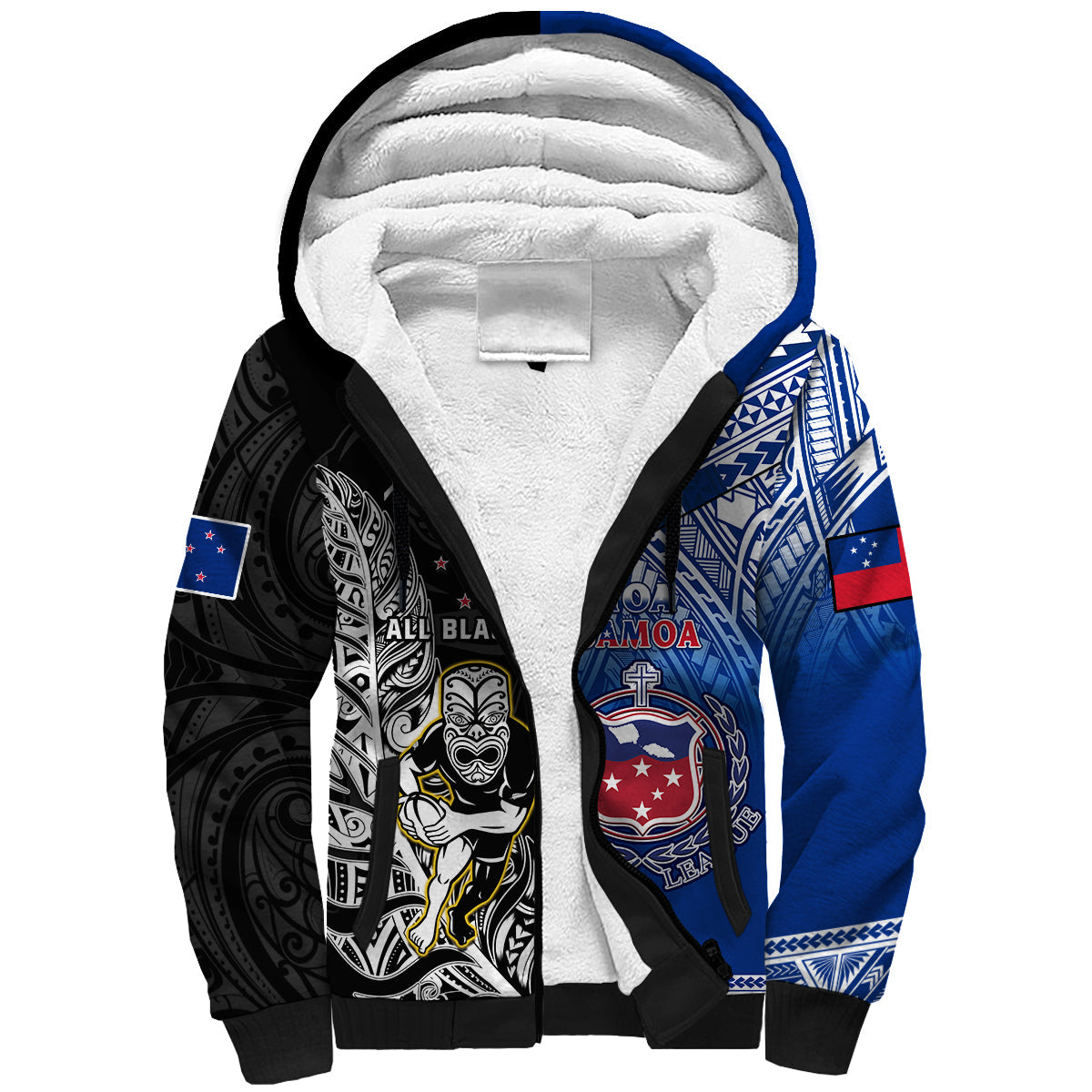 (Custom Personalised) All Black And Toa Samoa Rugby Sherpa Hoodie NZ Maori Fern Mix Polynesian - Wonder Print Shop