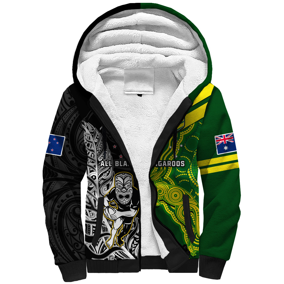 (Custom Personalised) Australia Kangaroos And All Black Rugby Sherpa Hoodie Aboriginal Mix NZ Maori Fern - Wonder Print Shop