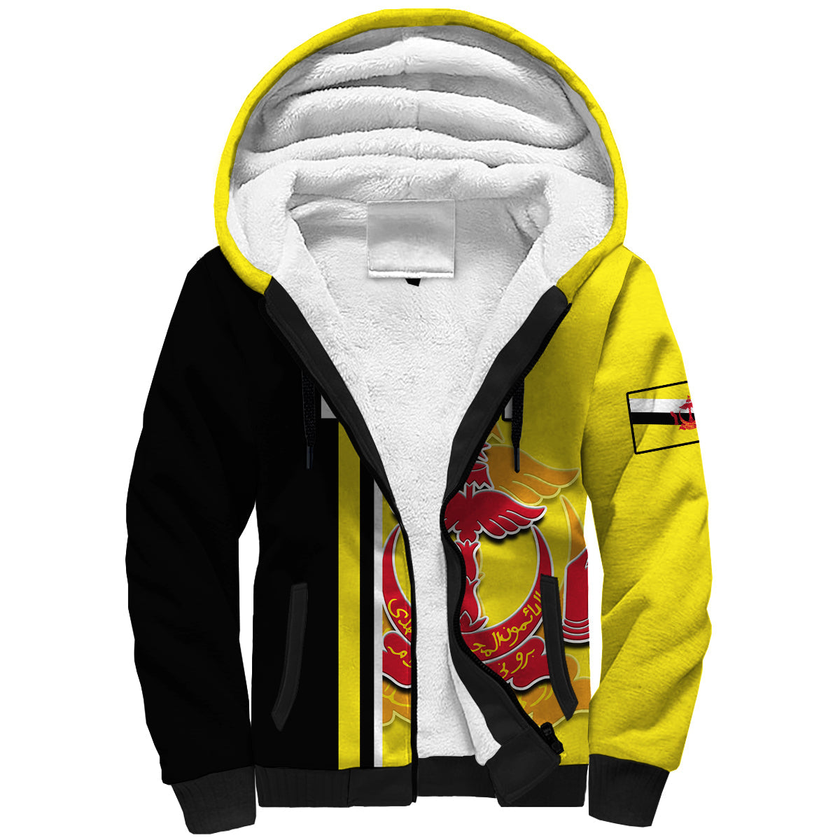 Brunei Sherpa Hoodie Happy Independence Day With Coat Of Arms - Wonder Print Shop