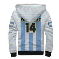 Unisex sherpa hoodie back, light blue and white stripes, gold 14 graphic, black hem