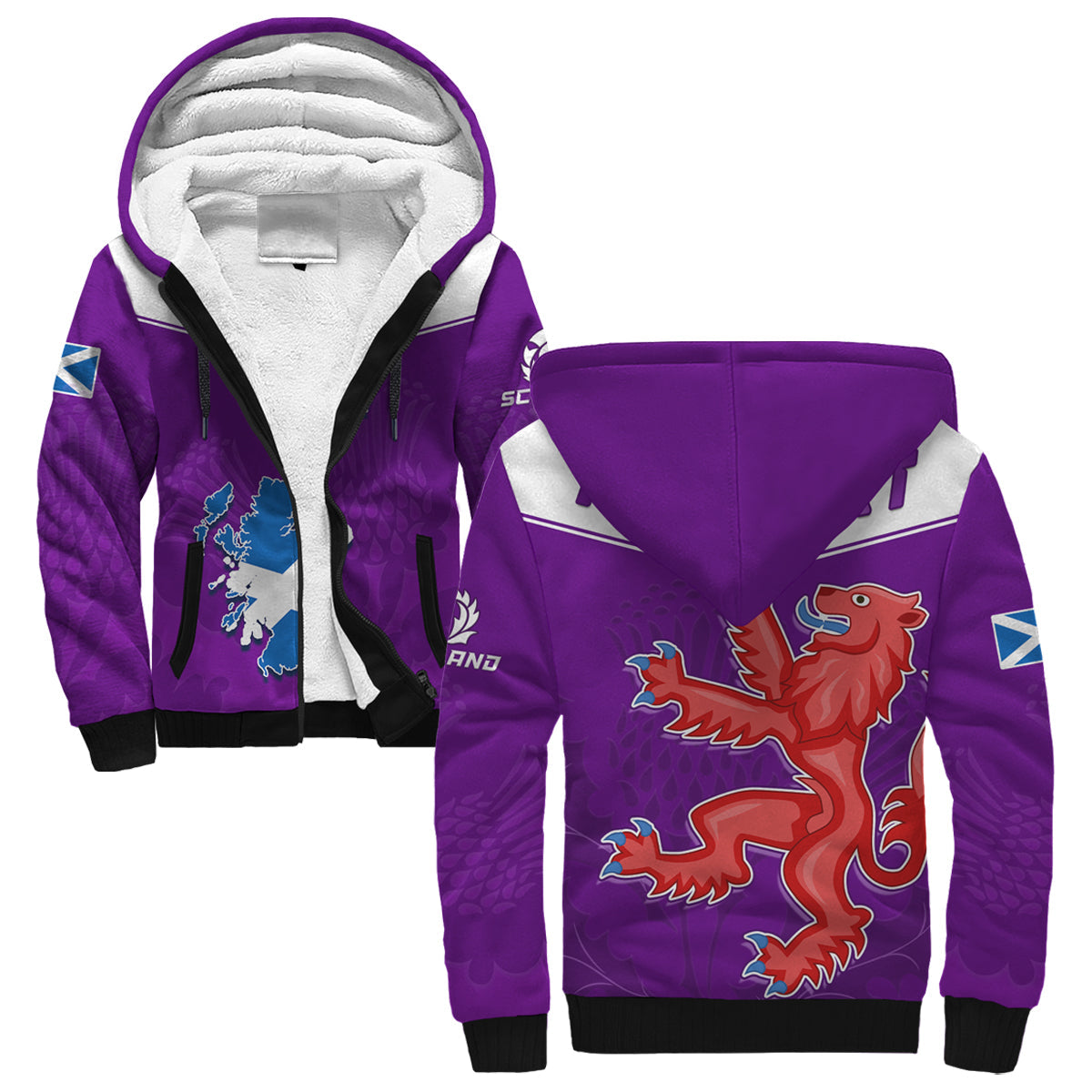 (Custom Personalised) Scottish Rugby Sherpa Hoodie Map Of Scotland Thistle Purple Version - Wonder Print Shop