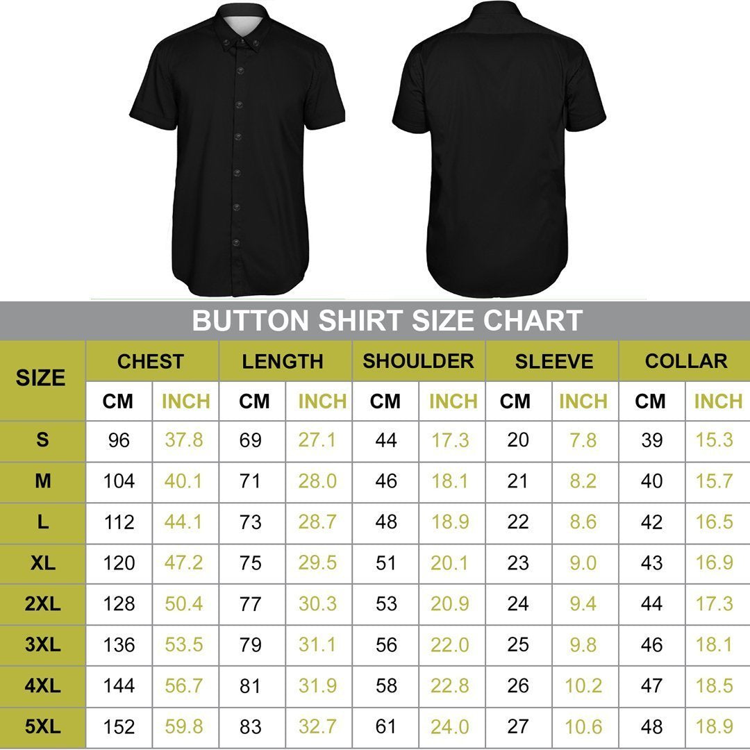 Black short sleeve button shirt front and back; size chart table displayed