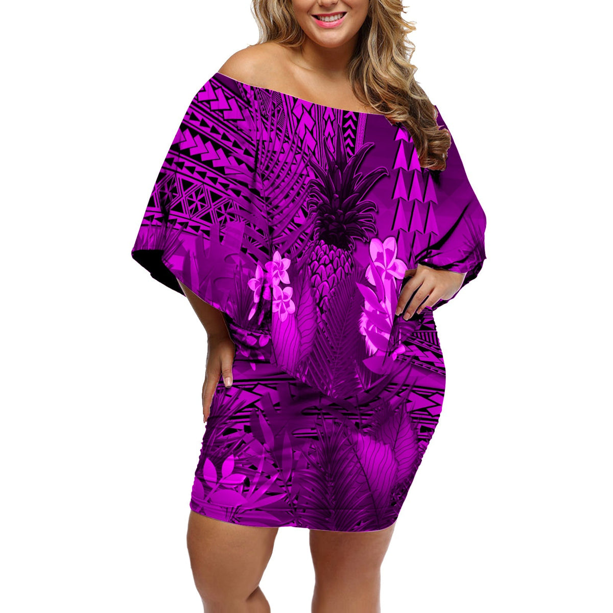 Hawaii Pineapple Off Shoulder Short Dress Purple Plumeria Frangipani Mix Tribal Pattern LT13 - Wonder Print Shop