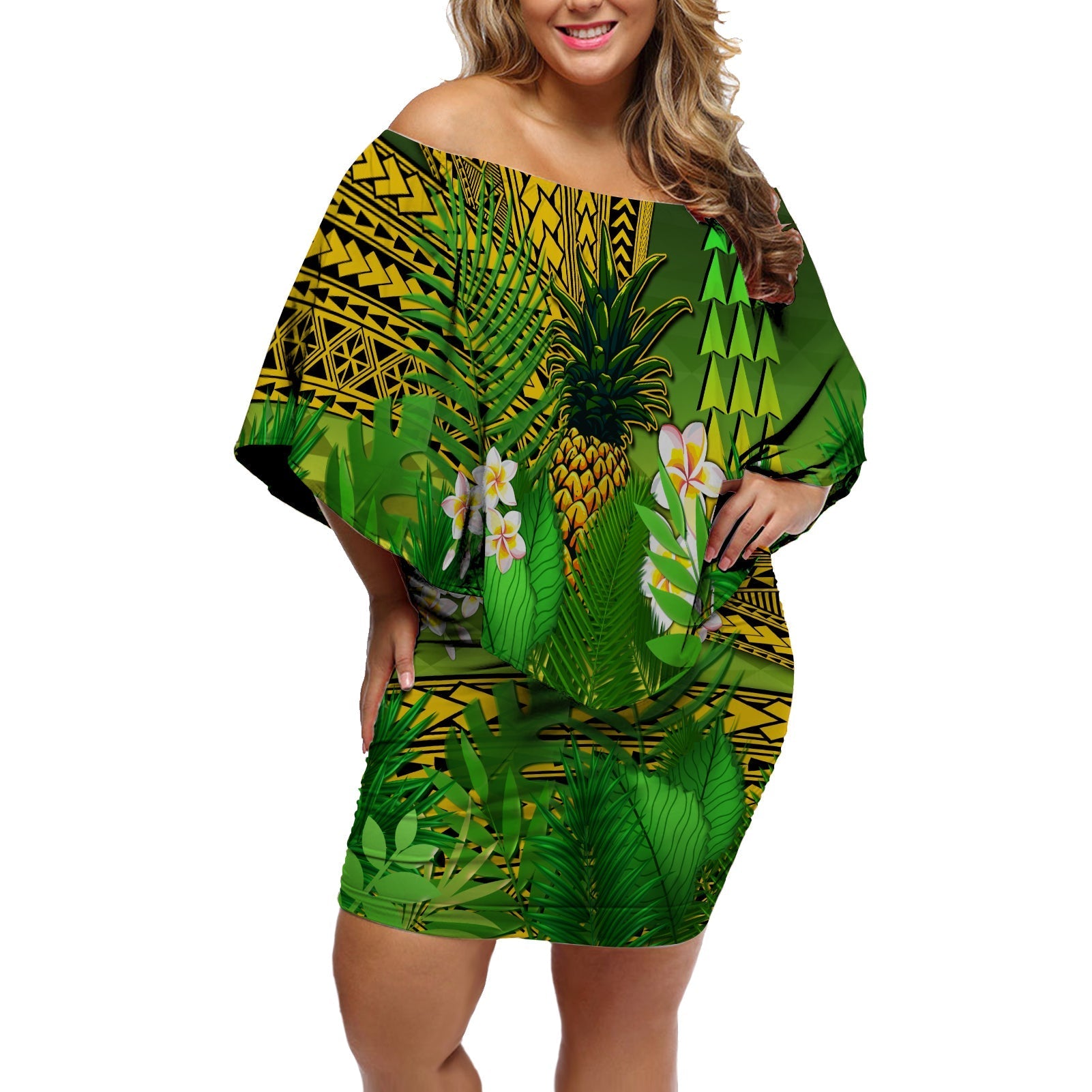 Hawaii Pineapple Off Shoulder Short Dress Plumeria Frangipani Mix Tribal Pattern LT13 - Wonder Print Shop