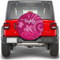 Pink round spare tire cover with hibiscus flowers and white “No One Fights Alone” lettering