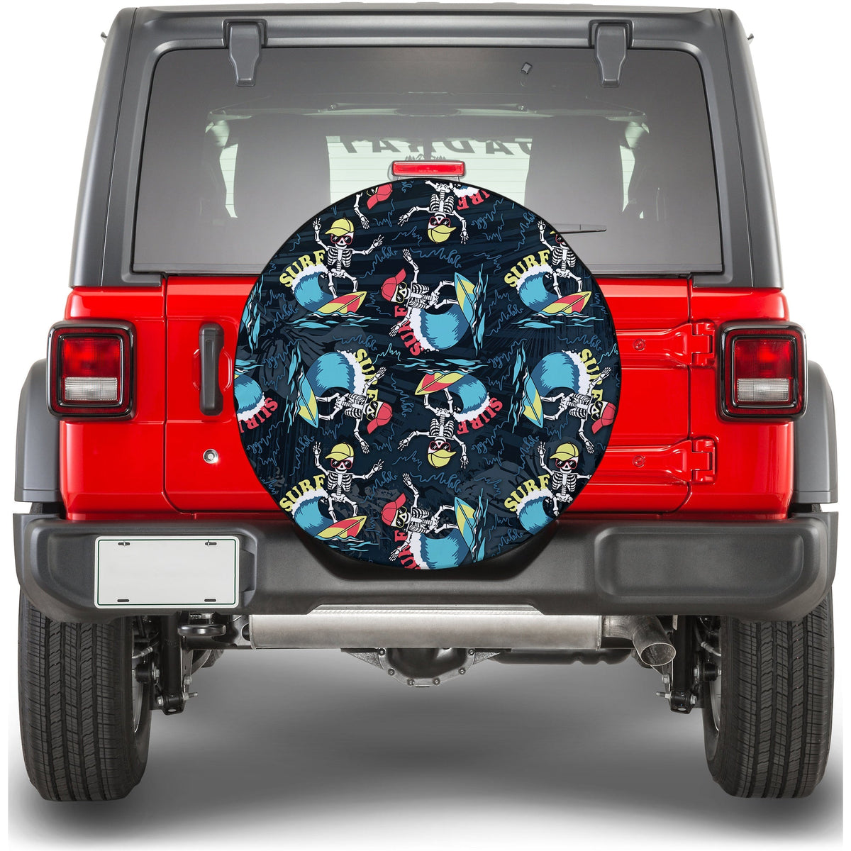 Round spare tire cover, black with blue surf scenes and skeleton cartoon design