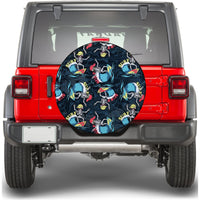 Round spare tire cover, black with blue surf scenes and skeleton cartoon design