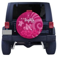 Pink floral spare tire cover featuring hibiscus blooms and heart ribbon “No One Fights Alone”