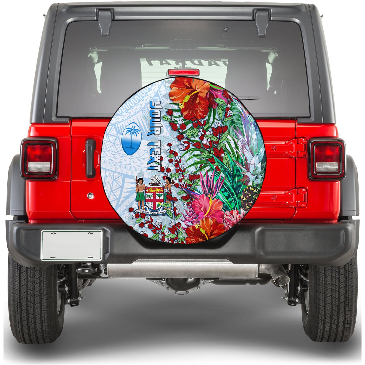 Round custom spare tire cover with vibrant tropical flowers and tapa artwork