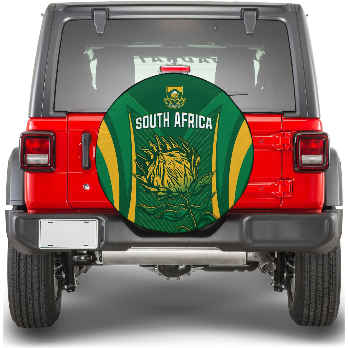South Africa spare tire cover with Proteas crest and South Africa text, green/yellow