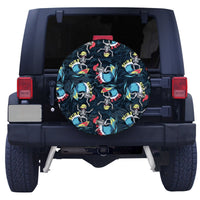 Round spare tire cover with black background and repeating surf skeleton artwork