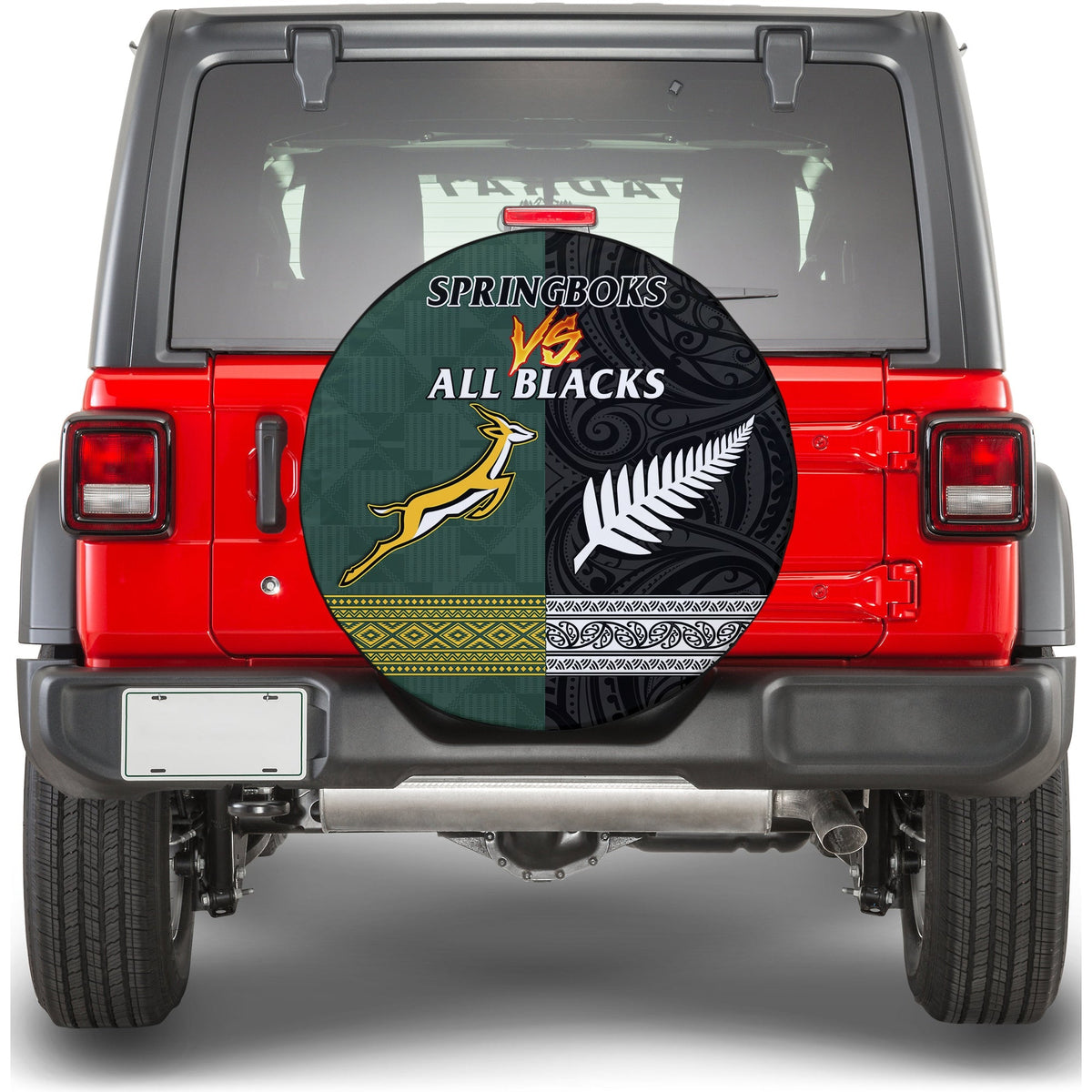Spare tire cover with Springboks vs All Blacks logos, green and black circular graphic