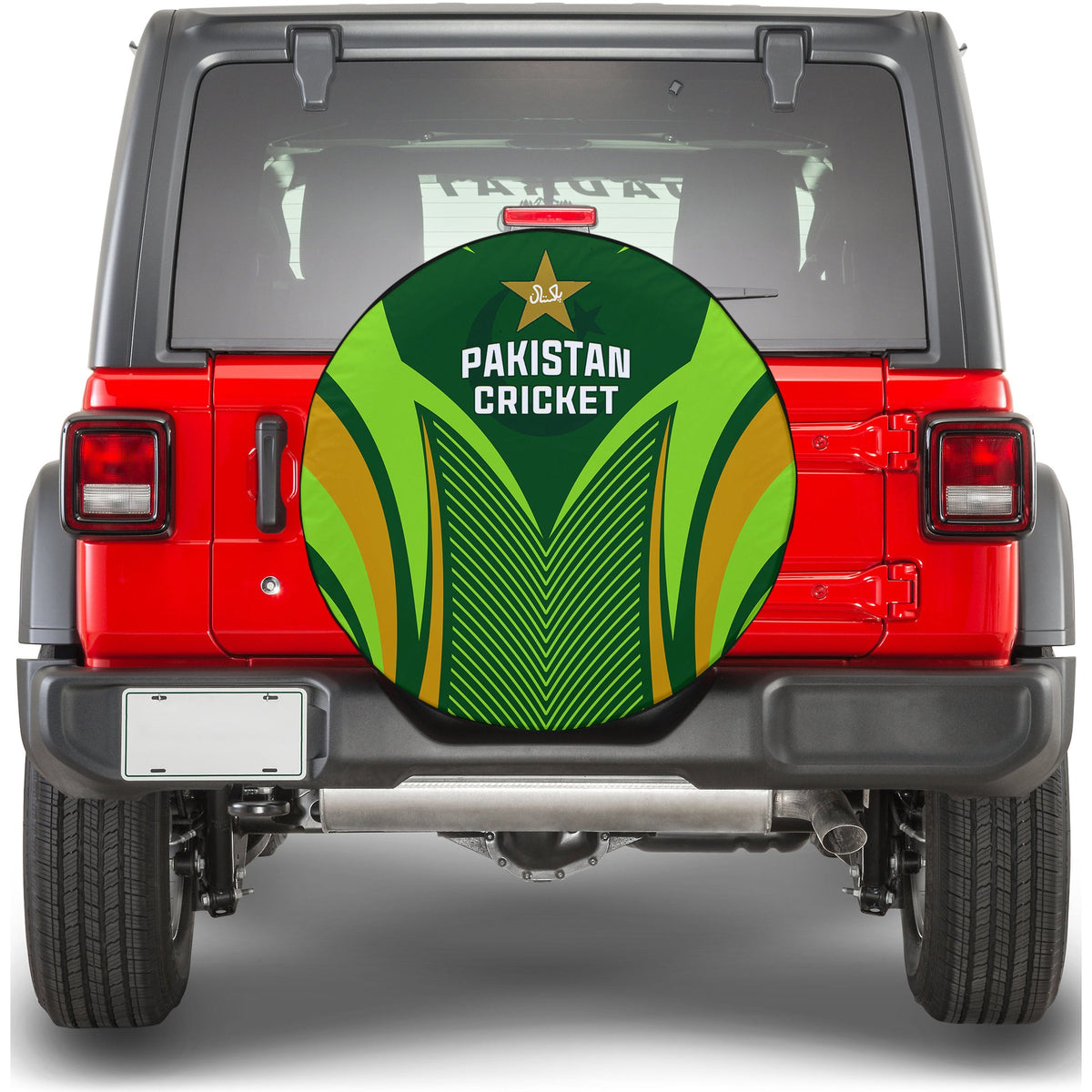 Green Pakistan Cricket spare tire cover with circular logo centered on rear