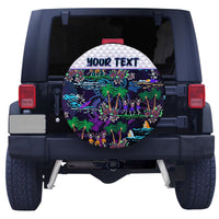 Hawaiian spare tire cover with purple-blue beach scene, palm trees, and 'YOUR TEXT'.