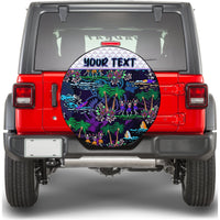 Hawaii spare tire cover, circular design with palm trees, dancing figures, and 'YOUR TEXT'.