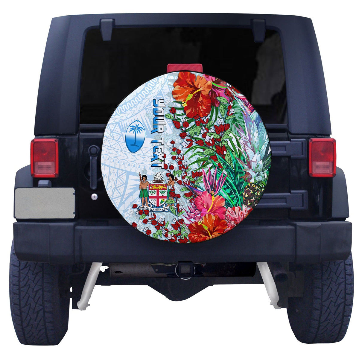 Round custom spare tire cover with colorful floral leaves and blue tapa crest